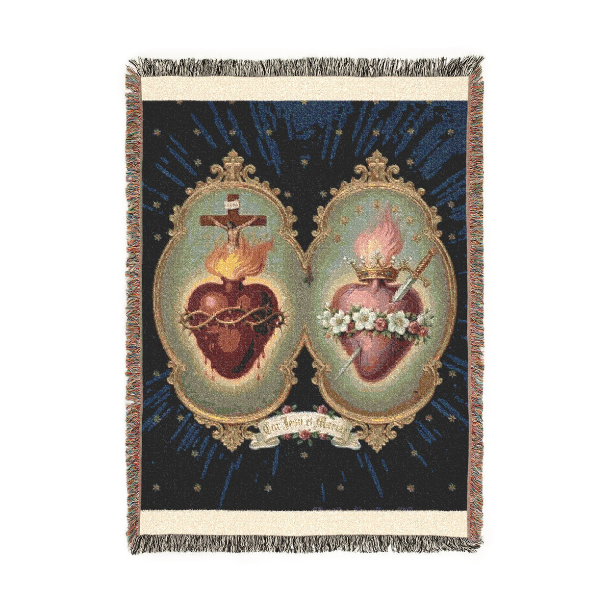 Religious Icon Woven Blanket — Sacred Heart & Madonna Tapestry Throw