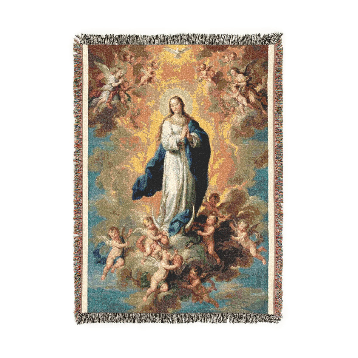 Religious Woven Blanket — Virgin Mary with Cherubs Tapestry Throw