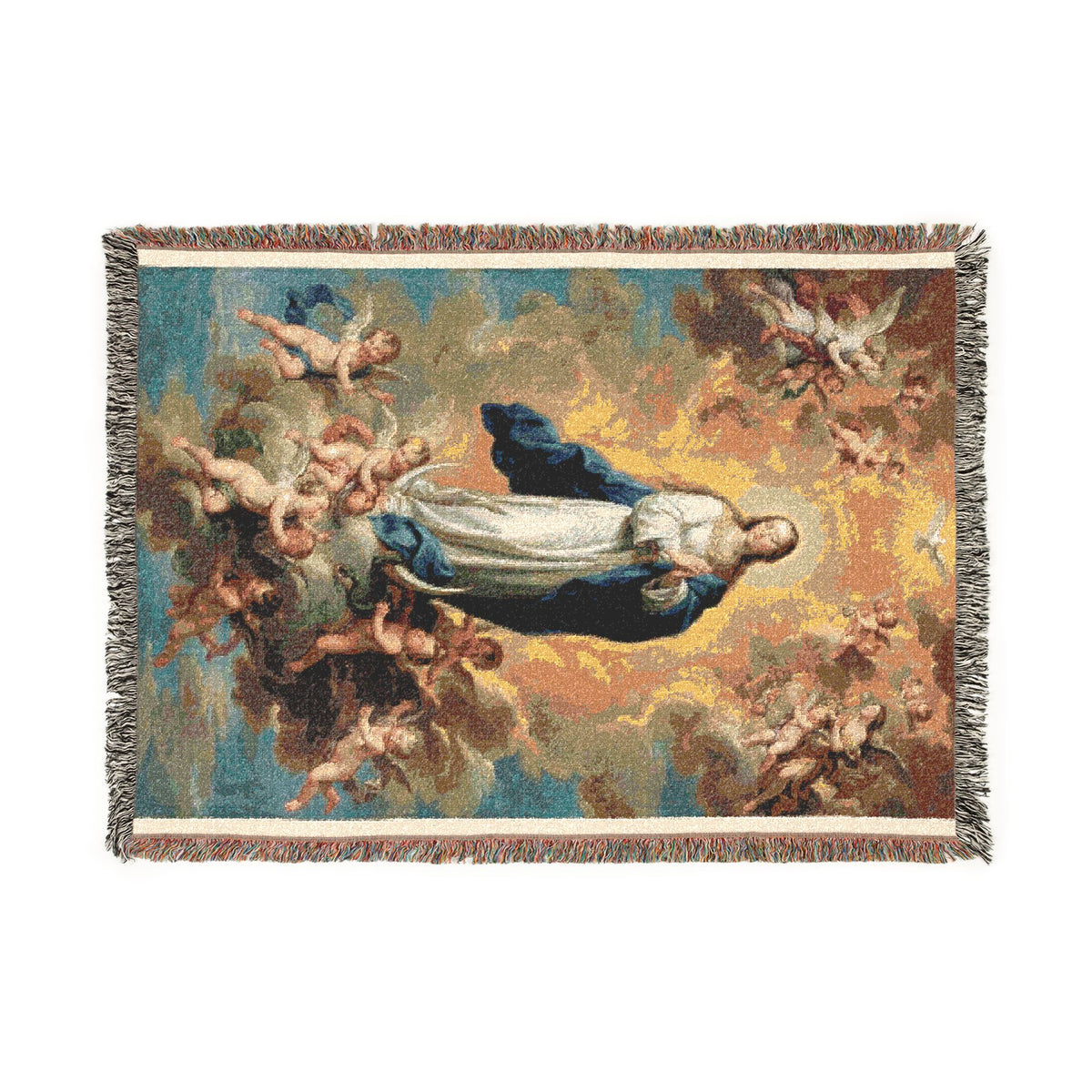 Religious Woven Blanket — Virgin Mary with Cherubs Tapestry Throw