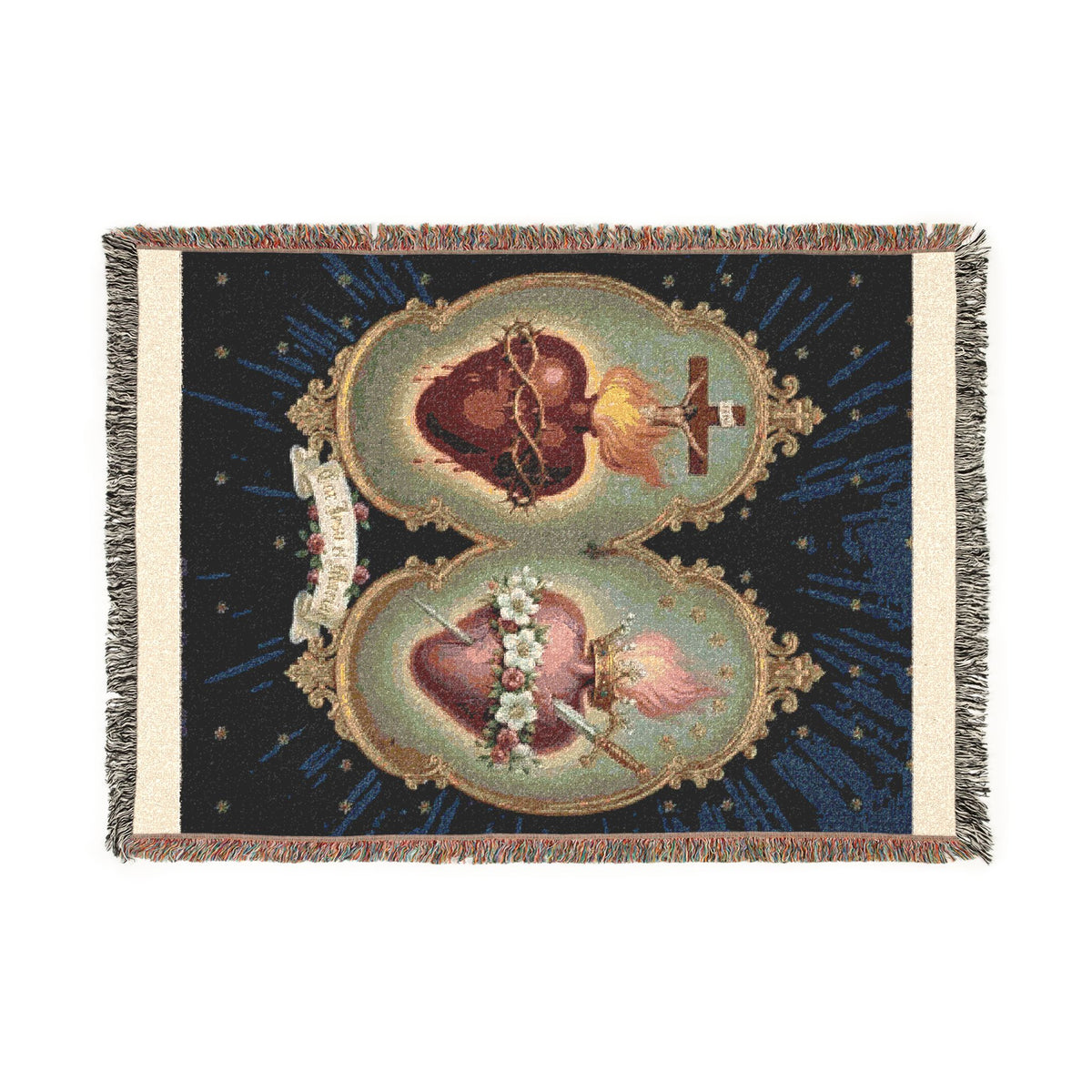 Religious Icon Woven Blanket — Sacred Heart & Madonna Tapestry Throw